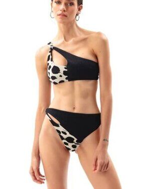 Movom One Shoulder Bikini Black White Asymmetrical Cutout Size S